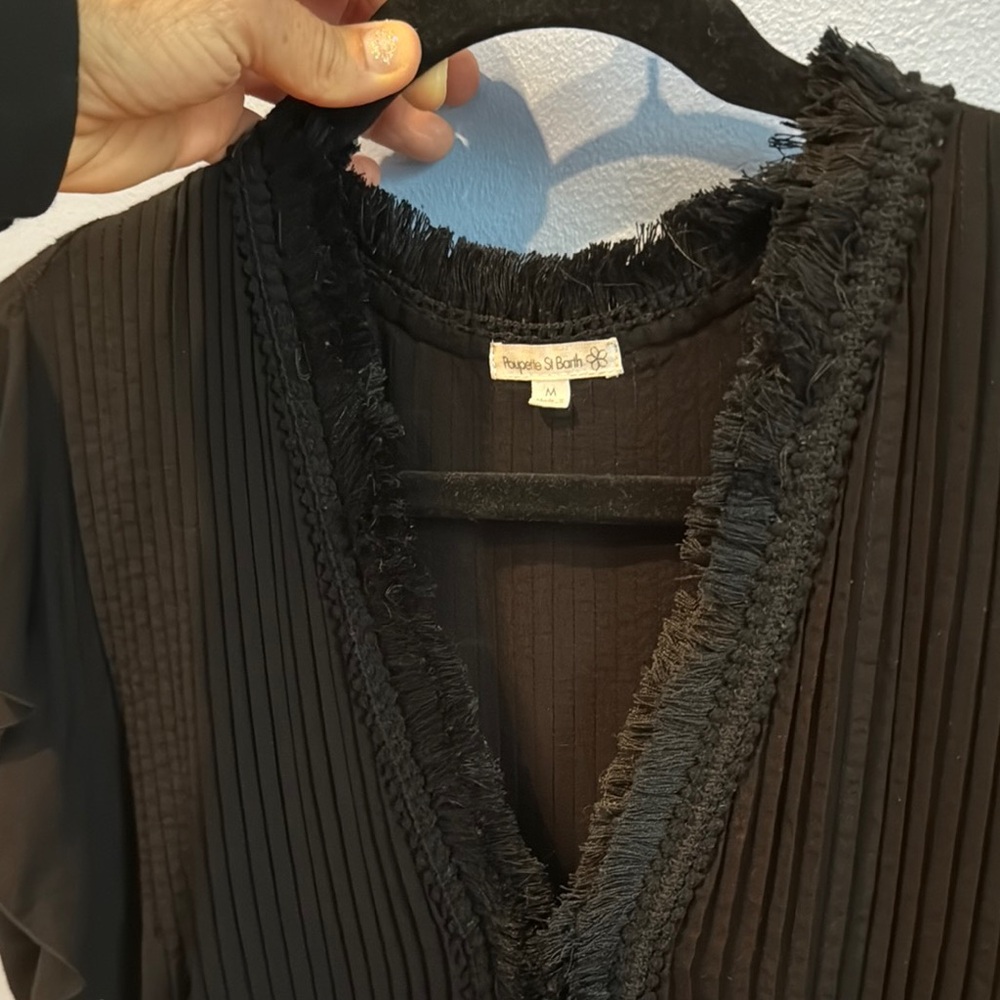 Sasha dress by Poupette St Barth: Black Fringed V-Neck Blouse by P